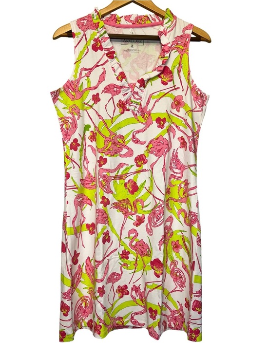 AnaClare Dresses & Skirts - Resort Beachwear Tropical Floral Flamingo Preppy Midi Shift Dress Ruffle Large